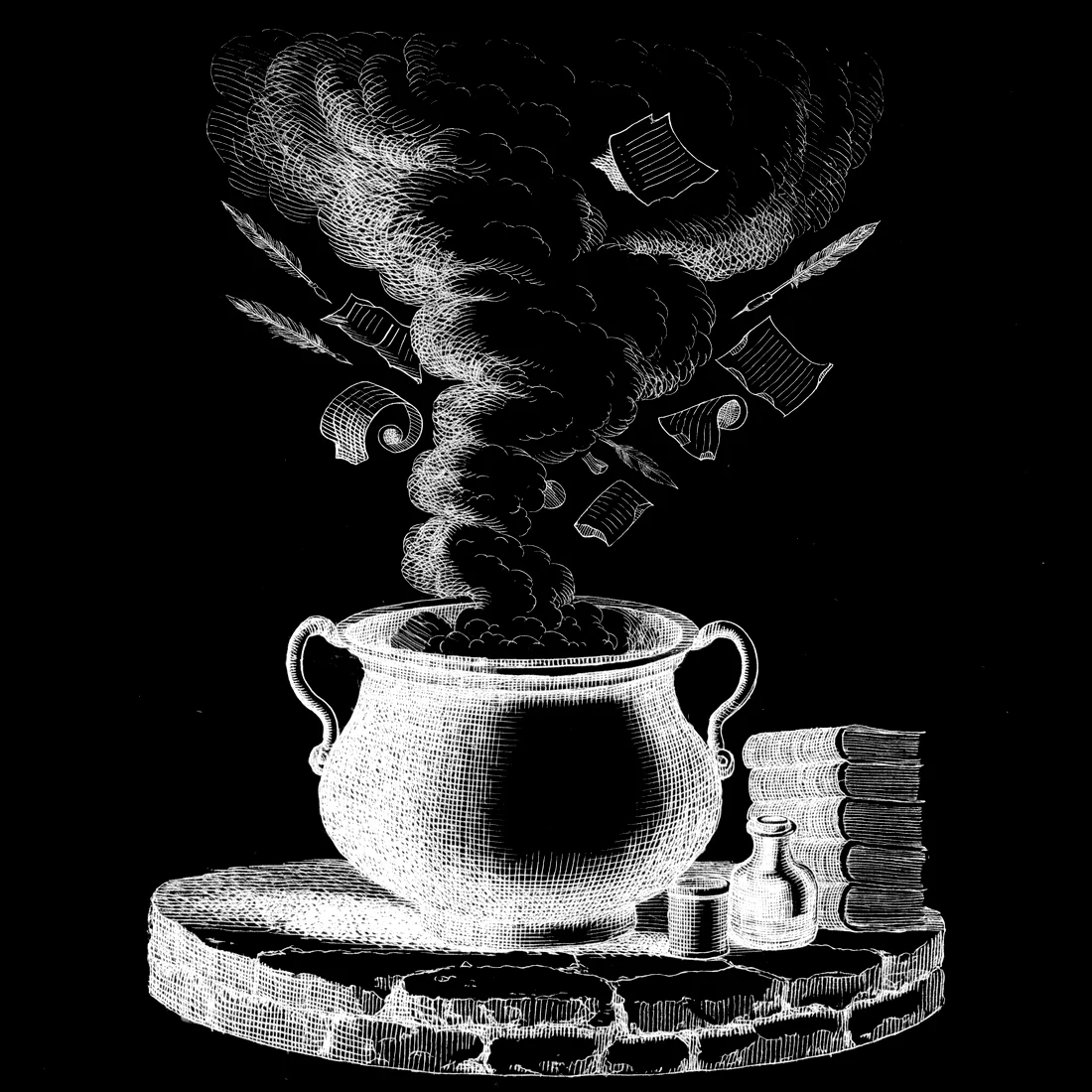 Engraving of a cauldron with scrolls and quills rising from the steam