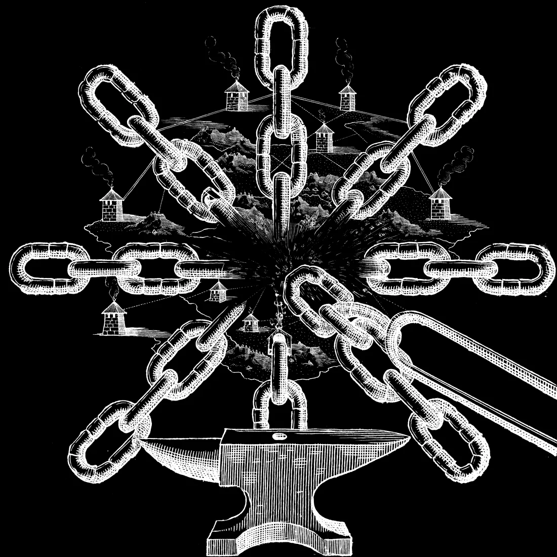 Engraving of forged chain links connecting beacon towers on a map