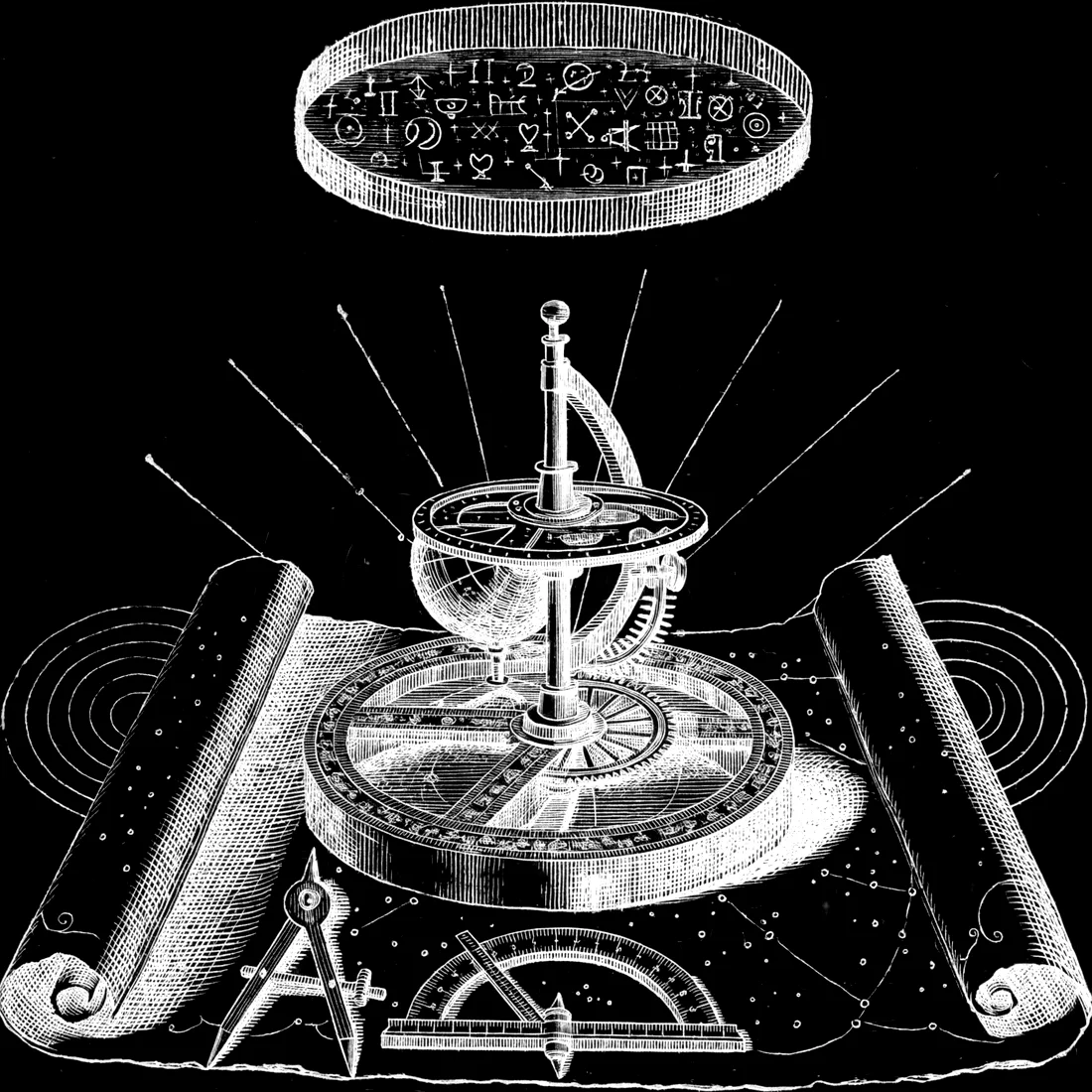 Engraving of an astrolabe and orrery on a star chart