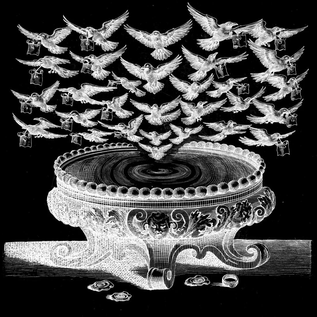 Engraving of a scrying mirror with messenger ravens flying outward